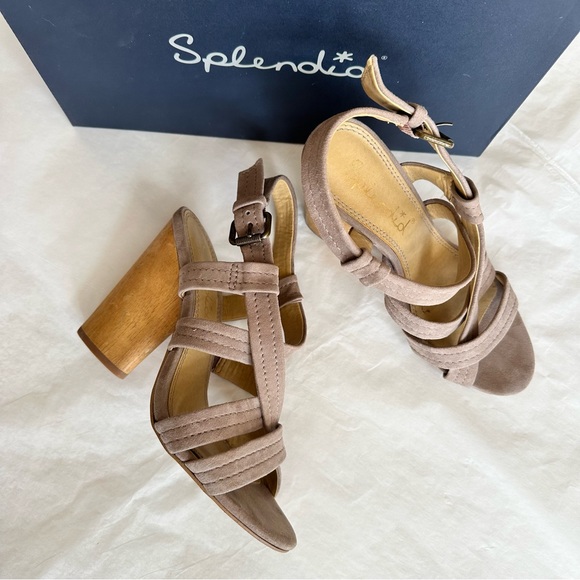 SPLENDID “Flash” Taupe Suede Strappy Wood Heel - Picture 6 of 15
